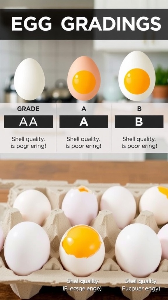 Understanding Egg Grading Graphic showing egg grading with Grade AA, A, and B eggs in a kitchen setting.